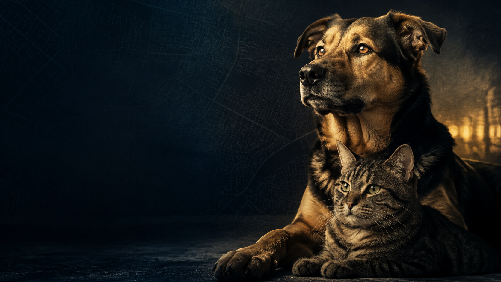 A watchful rescued dog and cat